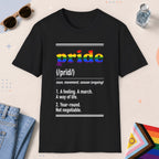 Black color all-gender graphic t-shirt with "Pride Definition" design