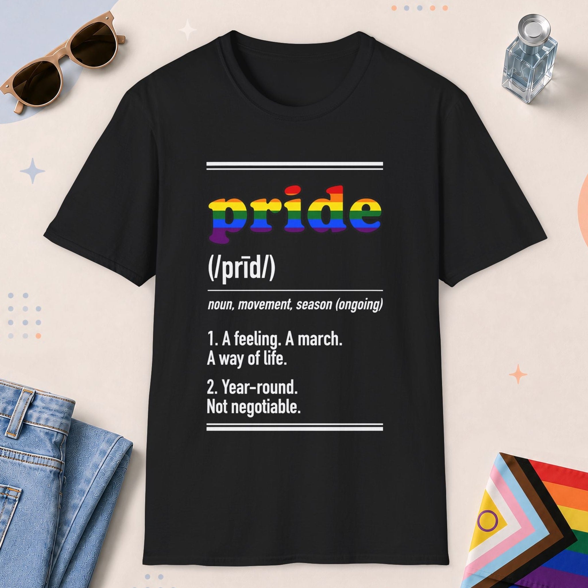 Black color all-gender graphic t-shirt with "Pride Definition" design