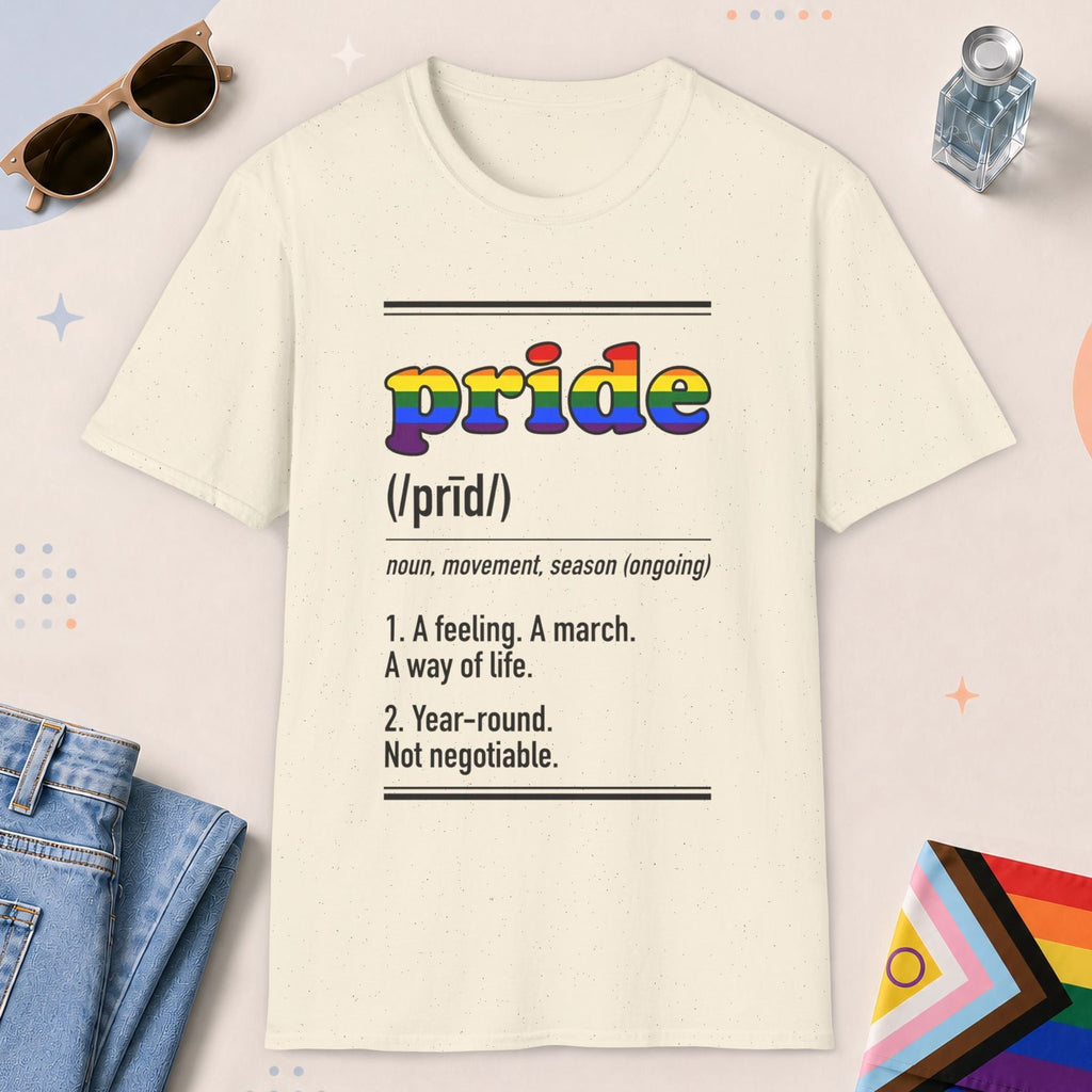 Natural color all-gender graphic t-shirt with "Pride Definition" design