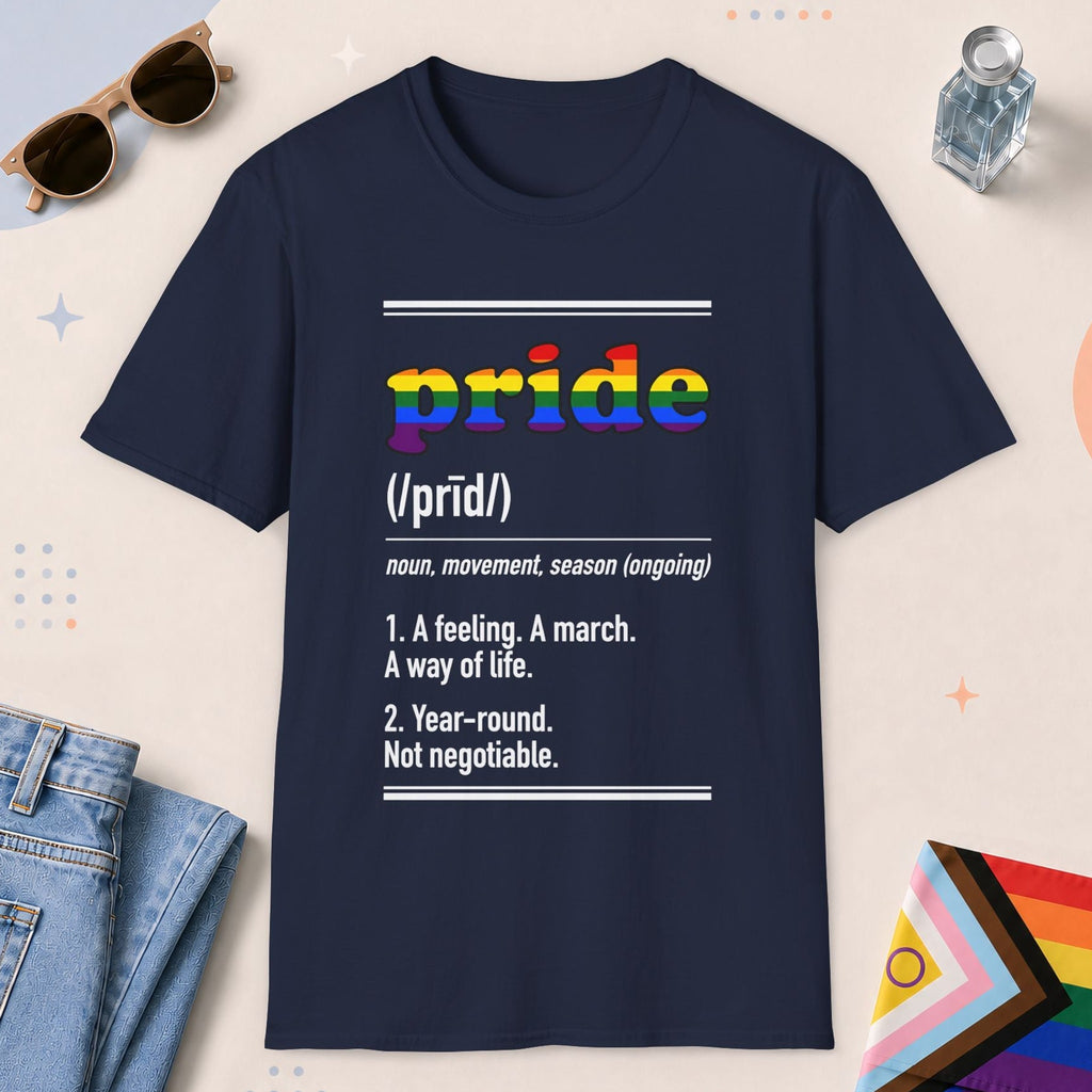 Navy color all-gender graphic t-shirt with "Pride Definition" design