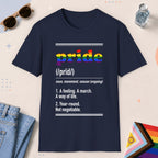 Navy color all-gender graphic t-shirt with "Pride Definition" design
