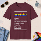 Maroon color all-gender graphic t-shirt with "Pride Definition" design