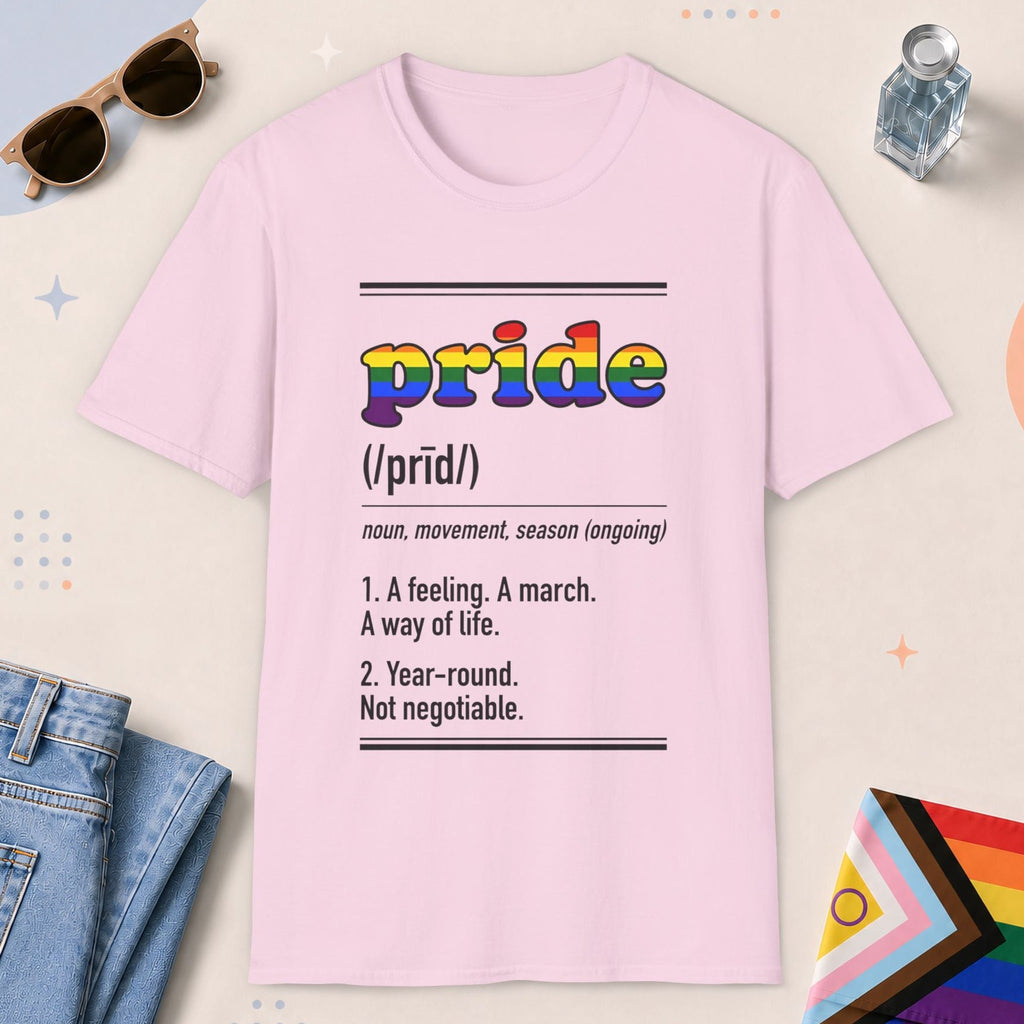Light Pink color all-gender graphic t-shirt with "Pride Definition" design