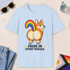 Light Blue color all-gender graphic t-shirt with "Pride In Every Wiggle" design