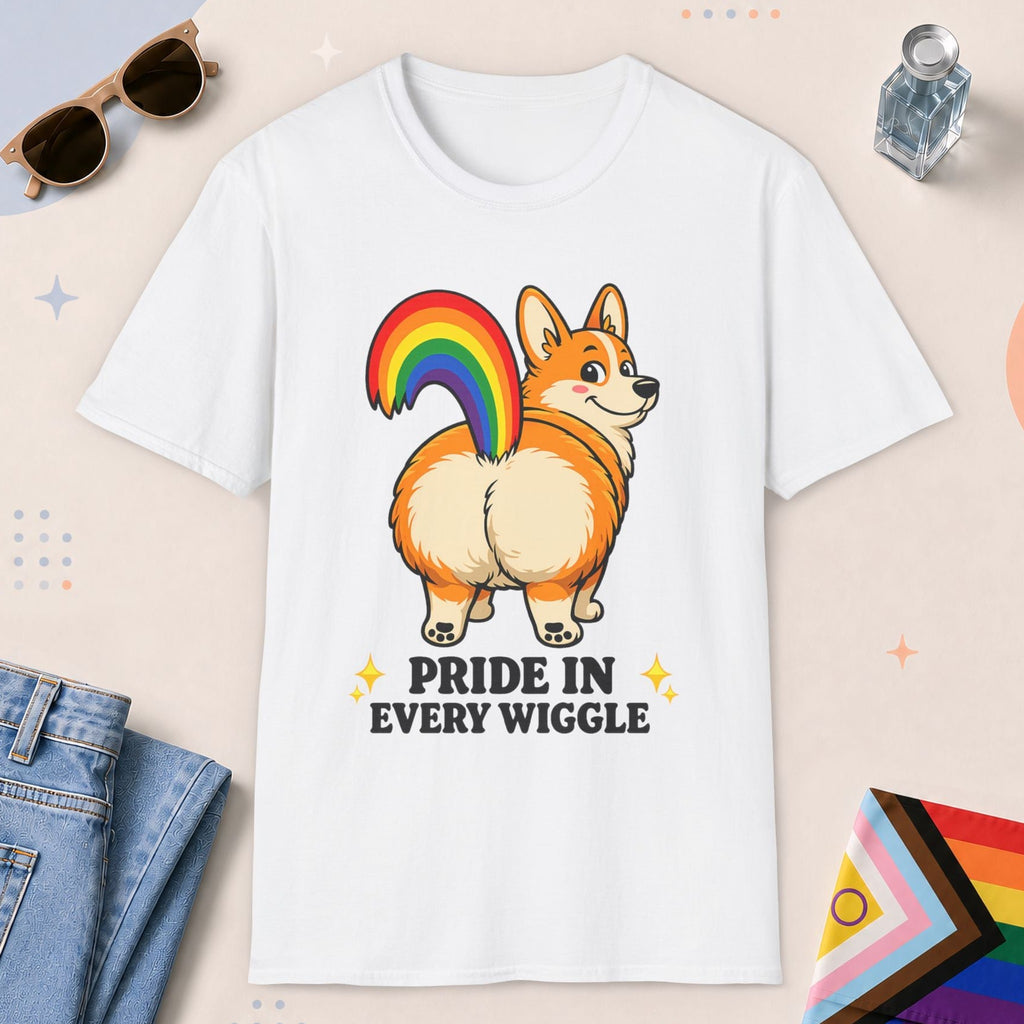White color all-gender graphic t-shirt with "Pride In Every Wiggle" design