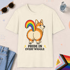 Natural color all-gender graphic t-shirt with "Pride In Every Wiggle" design