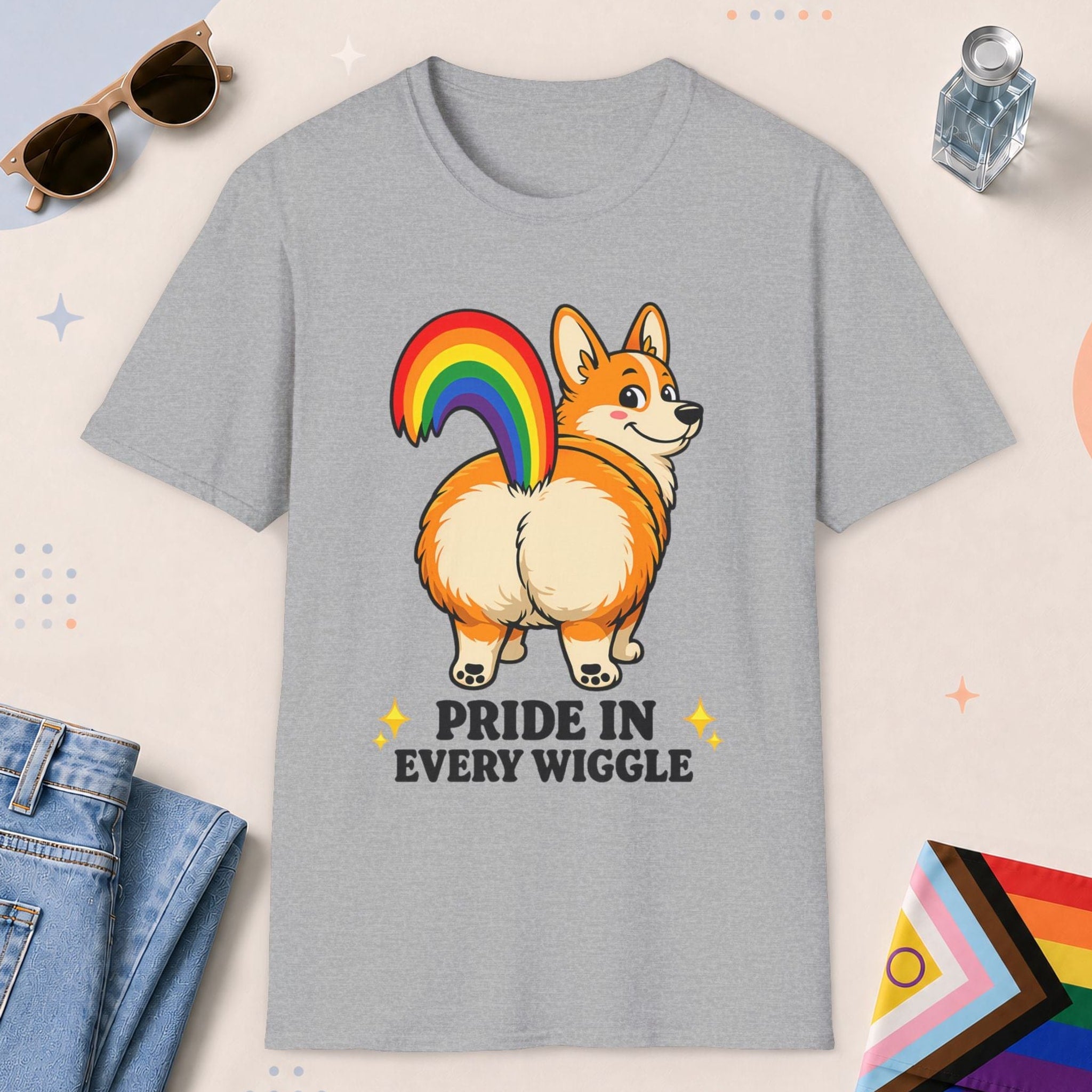 Sport Grey color all-gender graphic t-shirt with "Pride In Every Wiggle" design