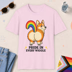 Light Pink color all-gender graphic t-shirt with "Pride In Every Wiggle" design