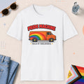 White color all-gender graphic t-shirt with "Pride Machine" design