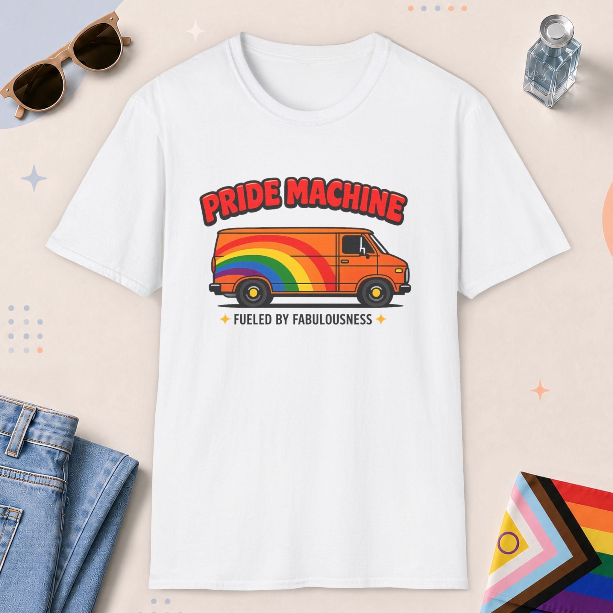 White color all-gender graphic t-shirt with "Pride Machine" design