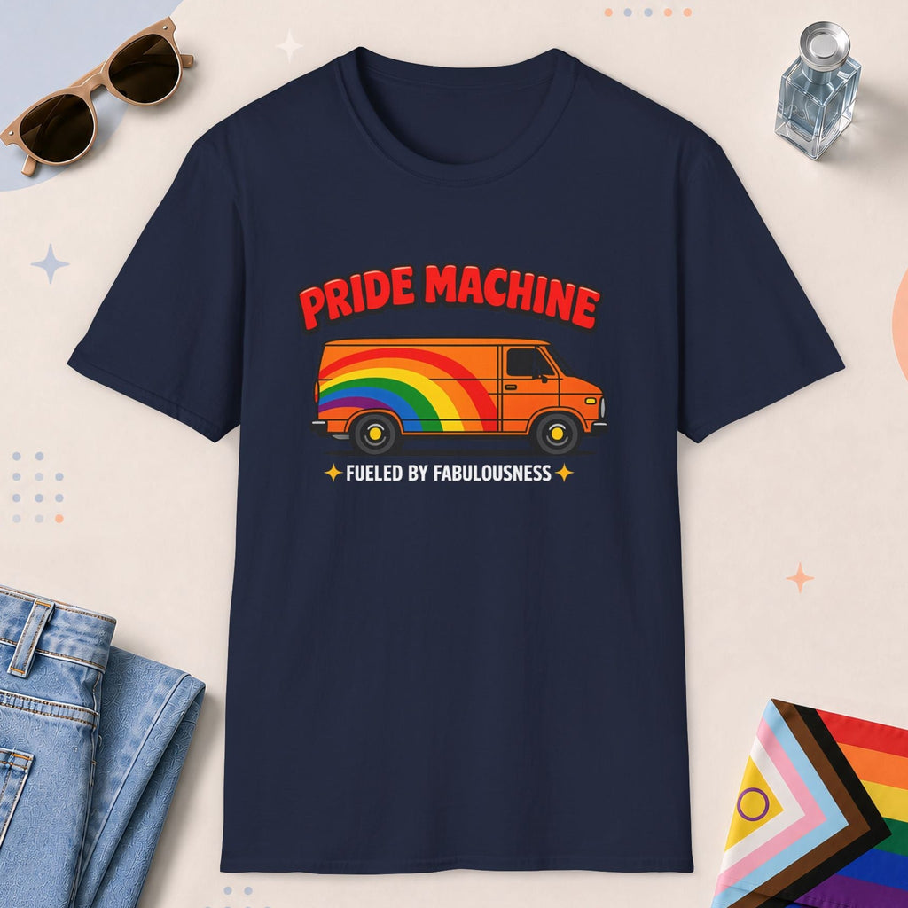 Navy color all-gender graphic t-shirt with "Pride Machine" design