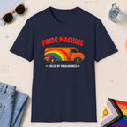 Navy color all-gender graphic t-shirt with "Pride Machine" design
