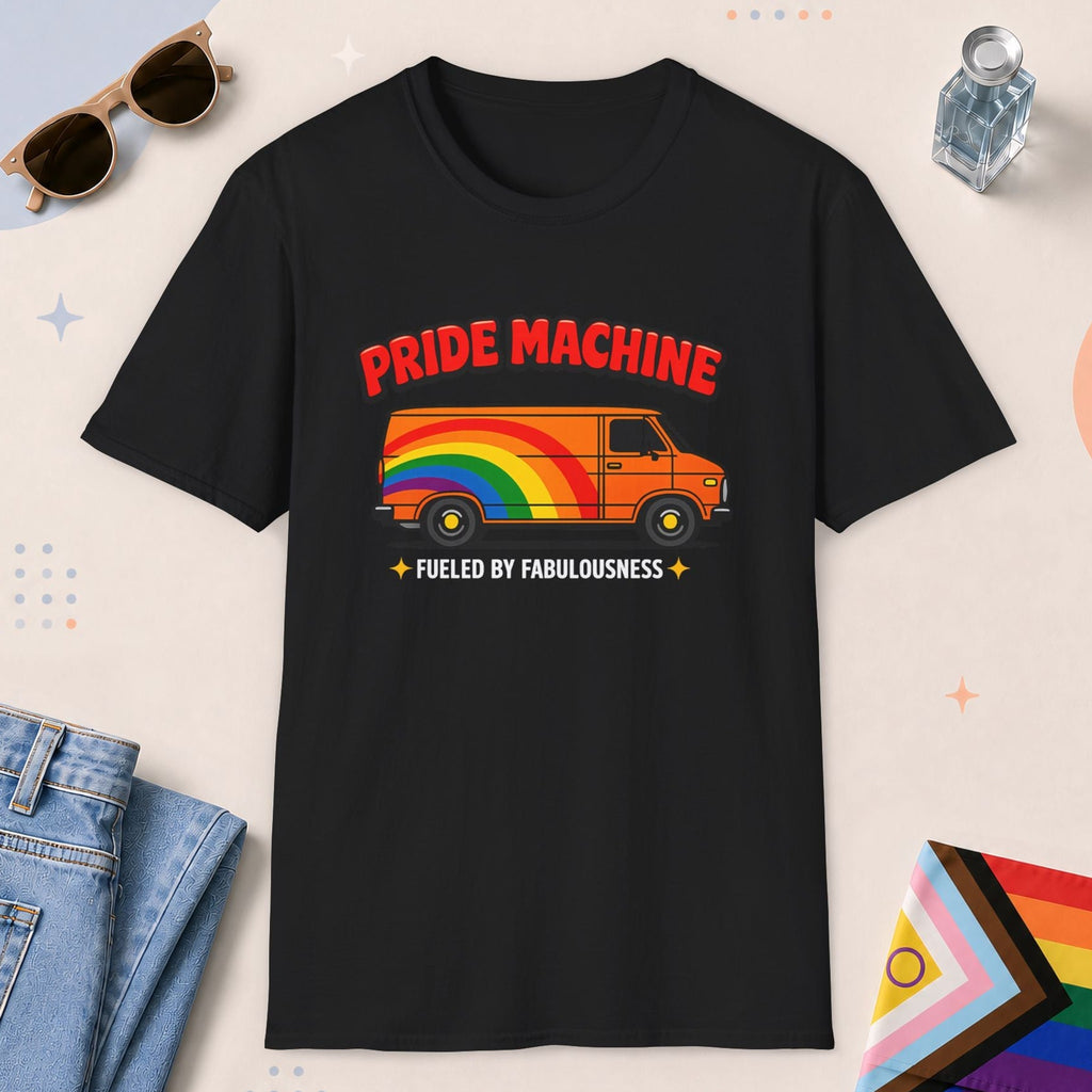 Black color all-gender graphic t-shirt with "Pride Machine" design