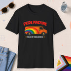 Black color all-gender graphic t-shirt with "Pride Machine" design