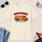 Natural color all-gender graphic t-shirt with "Pride Machine" design