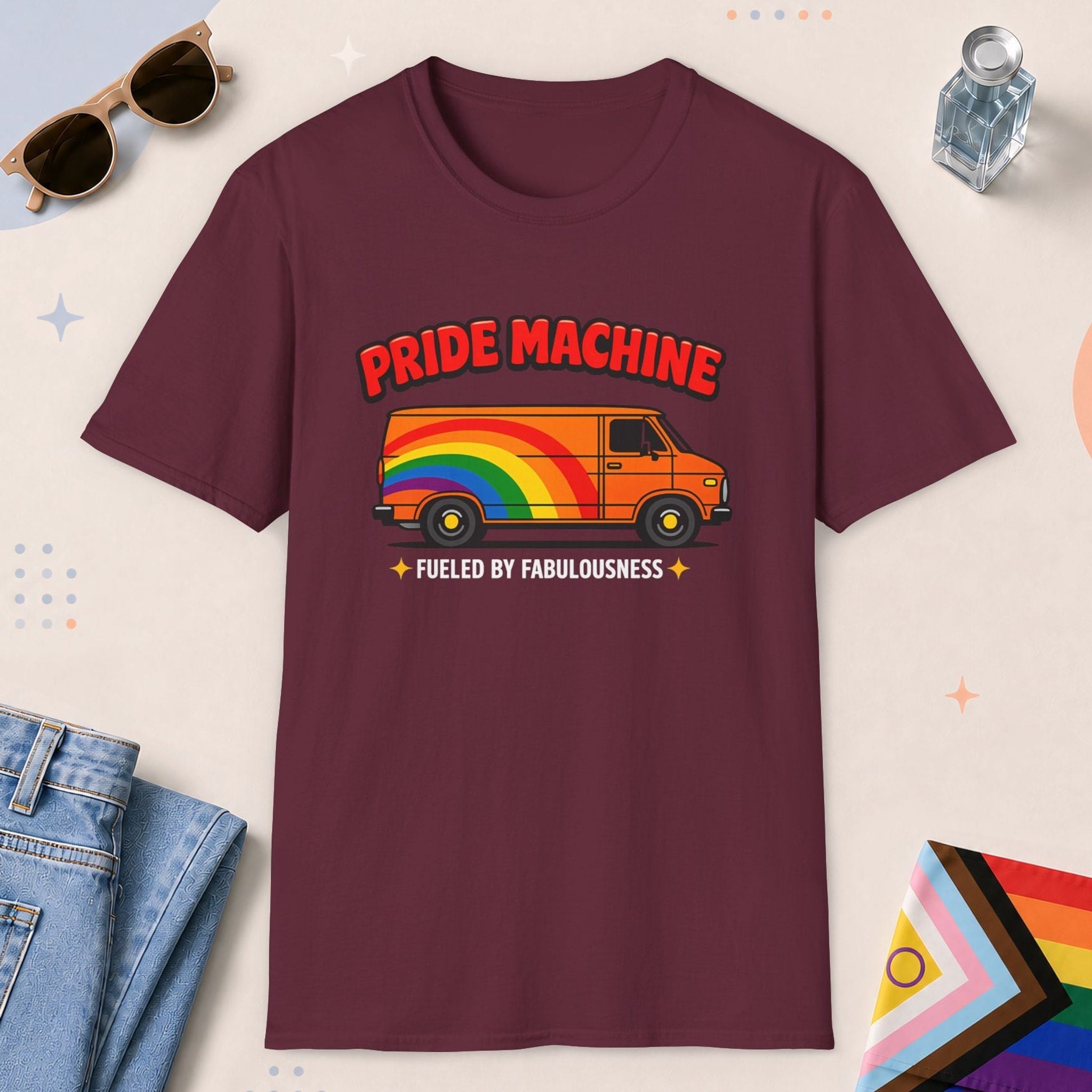 Maroon color all-gender graphic t-shirt with "Pride Machine" design