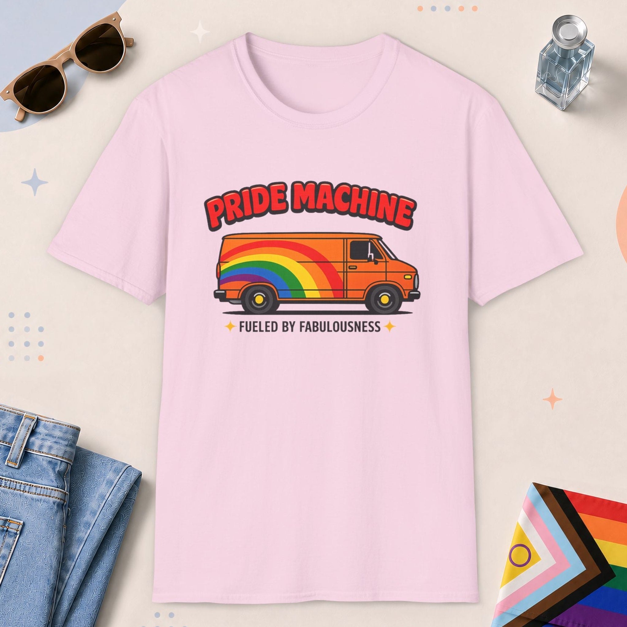 Light Pink color all-gender graphic t-shirt with "Pride Machine" design