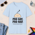 Light Blue color all-gender graphic t-shirt with "Pro Gay Pro nap" design