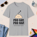 Sport Grey color all-gender graphic t-shirt with "Pro Gay Pro nap" design