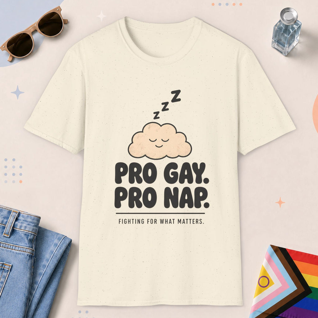 Natural color all-gender graphic t-shirt with "Pro Gay Pro nap" design