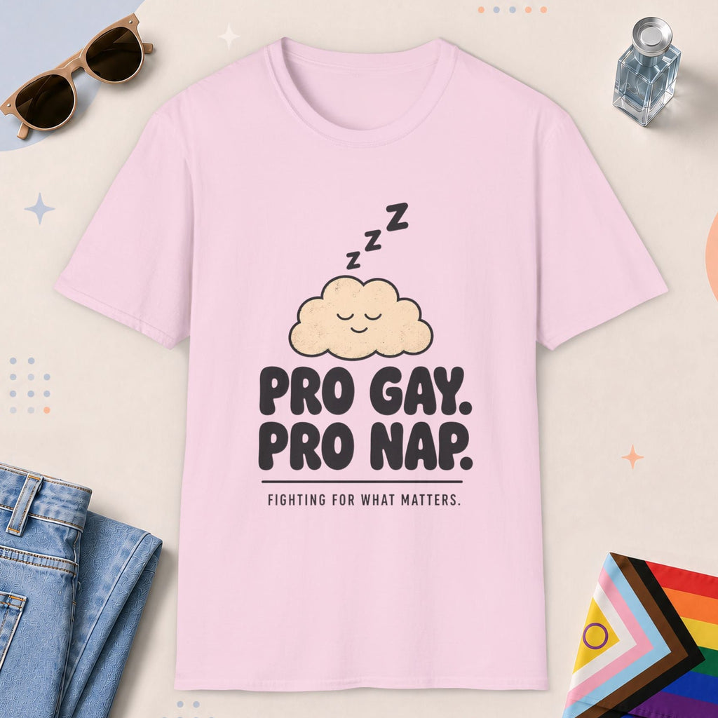 Light Pink color all-gender graphic t-shirt with "Pro Gay Pro nap" design