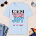 Light Blue color all-gender graphic t-shirt with "Protect Trans Joy" design