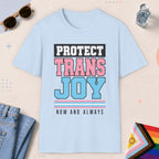 Light Blue color all-gender graphic t-shirt with "Protect Trans Joy" design