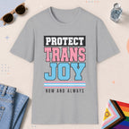 Sport Grey color all-gender graphic t-shirt with "Protect Trans Joy" design