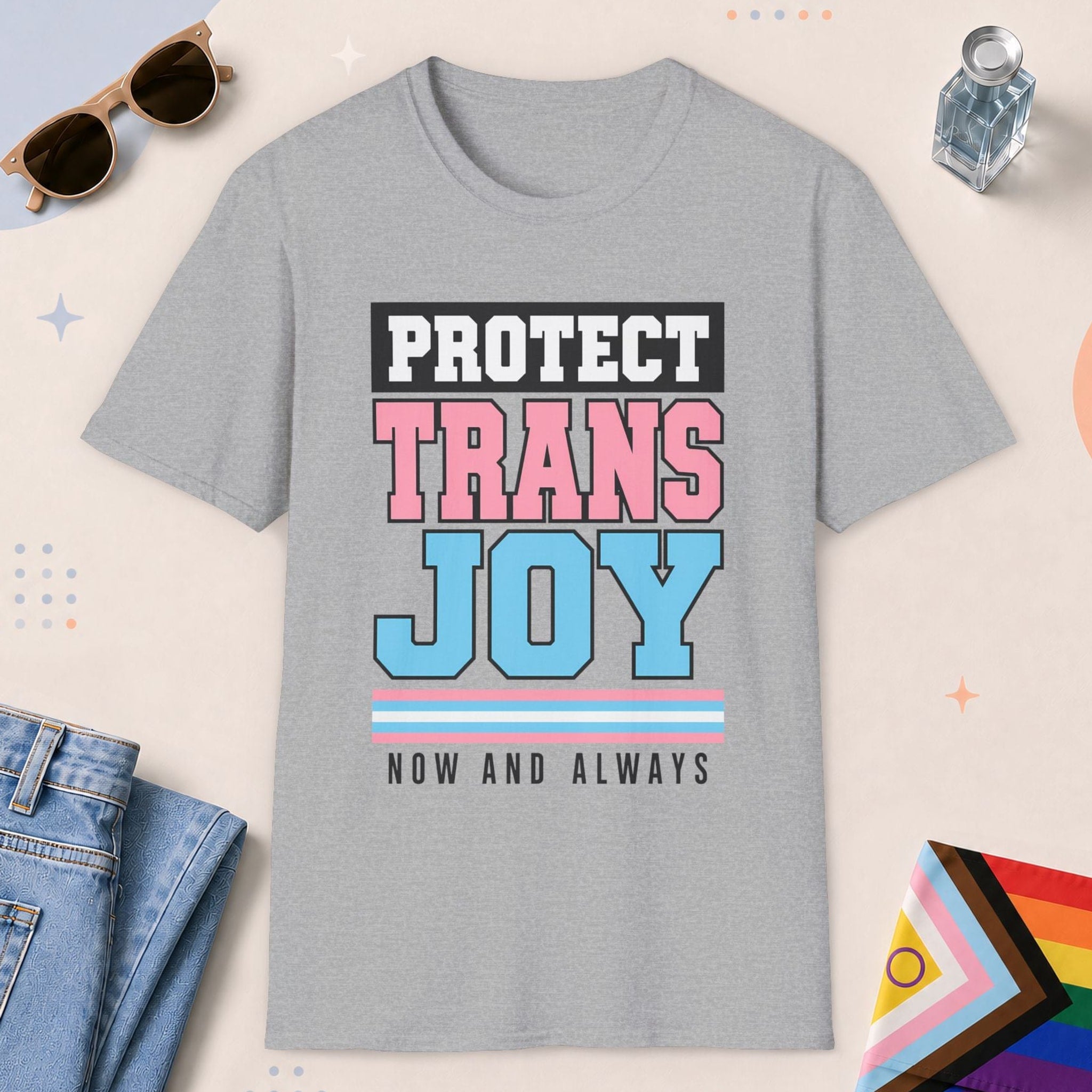 Sport Grey color all-gender graphic t-shirt with "Protect Trans Joy" design