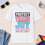 White color all-gender graphic t-shirt with "Protect Trans Joy" design