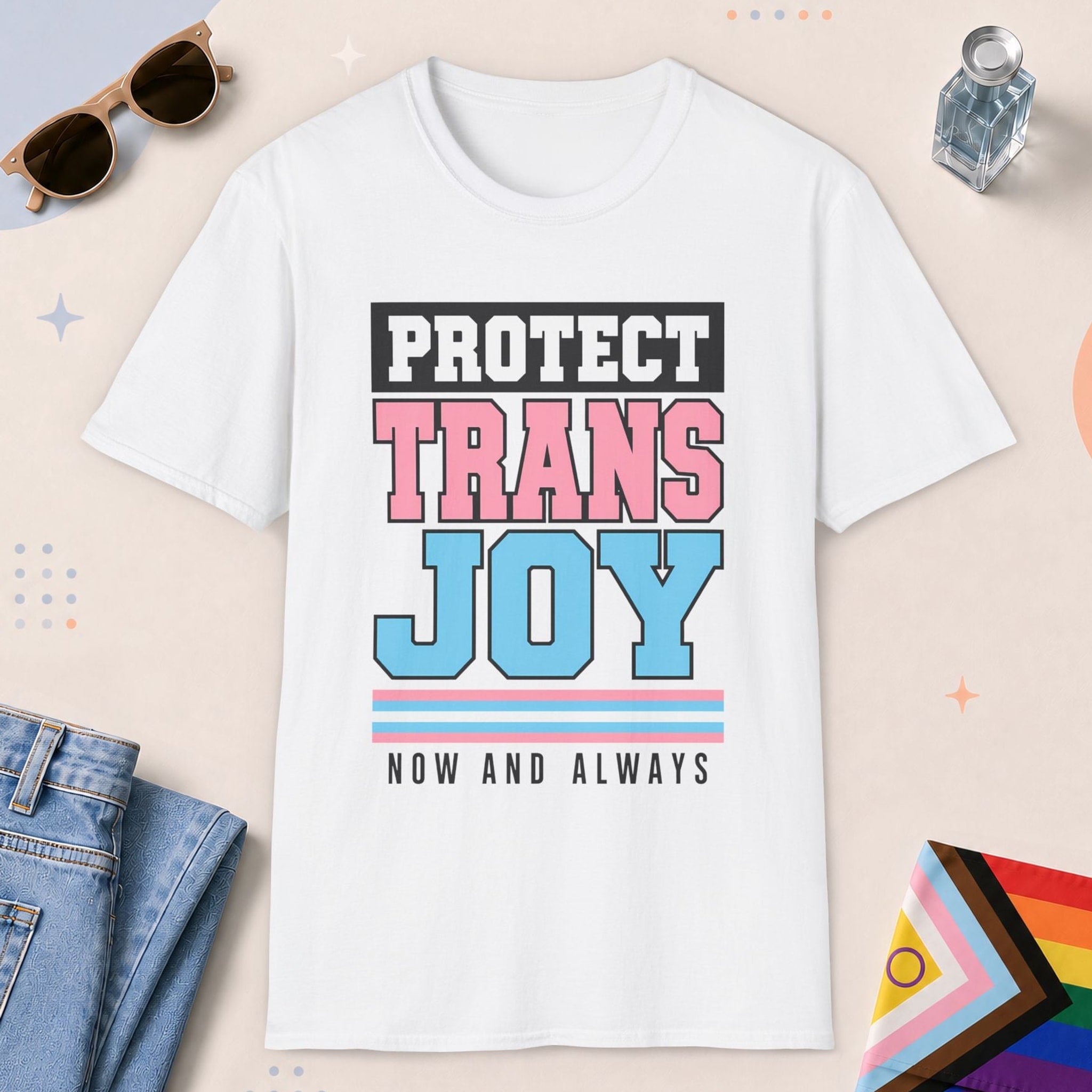 White color all-gender graphic t-shirt with "Protect Trans Joy" design