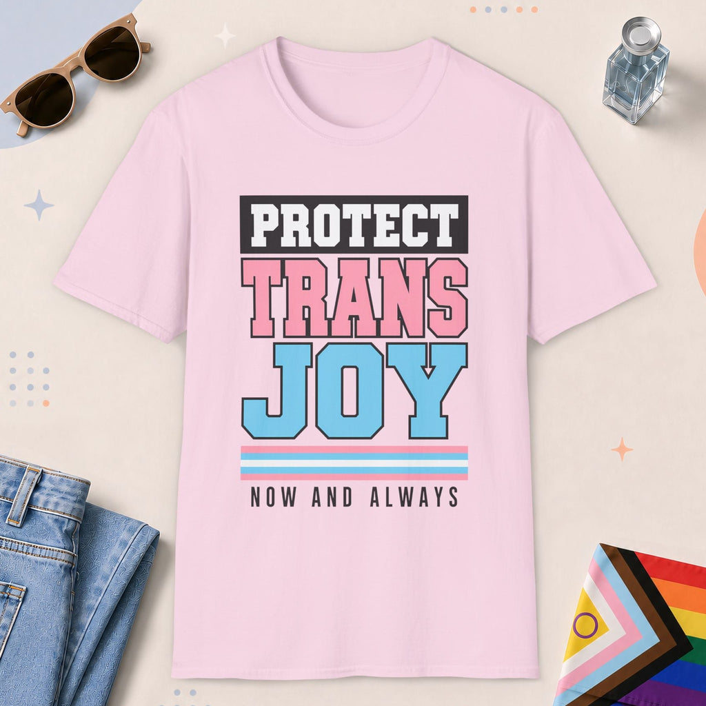 Light Pink color all-gender graphic t-shirt with "Protect Trans Joy" design