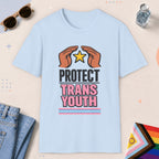 Light Blue color all-gender graphic t-shirt with "Protect Trans Youth" design