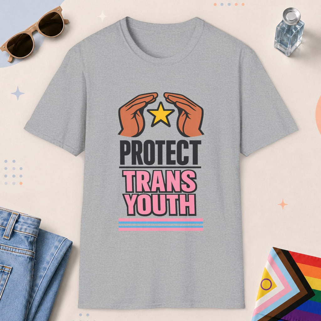 Sport Grey color all-gender graphic t-shirt with "Protect Trans Youth" design
