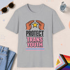 Sport Grey color all-gender graphic t-shirt with "Protect Trans Youth" design
