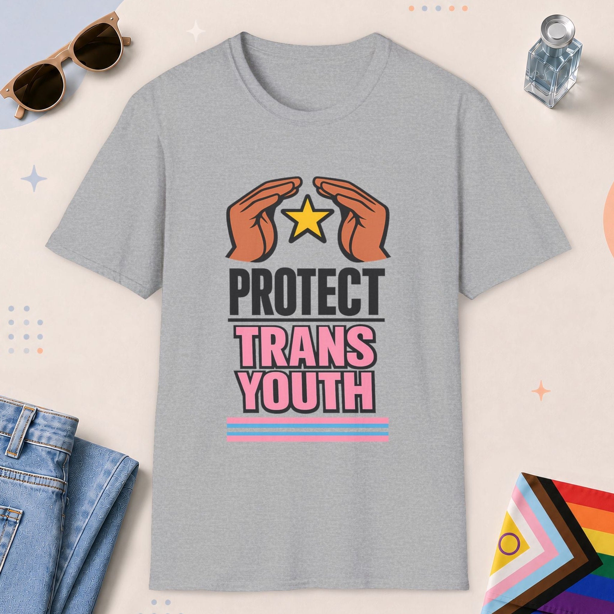 Sport Grey color all-gender graphic t-shirt with "Protect Trans Youth" design