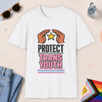 White color all-gender graphic t-shirt with "Protect Trans Youth" design