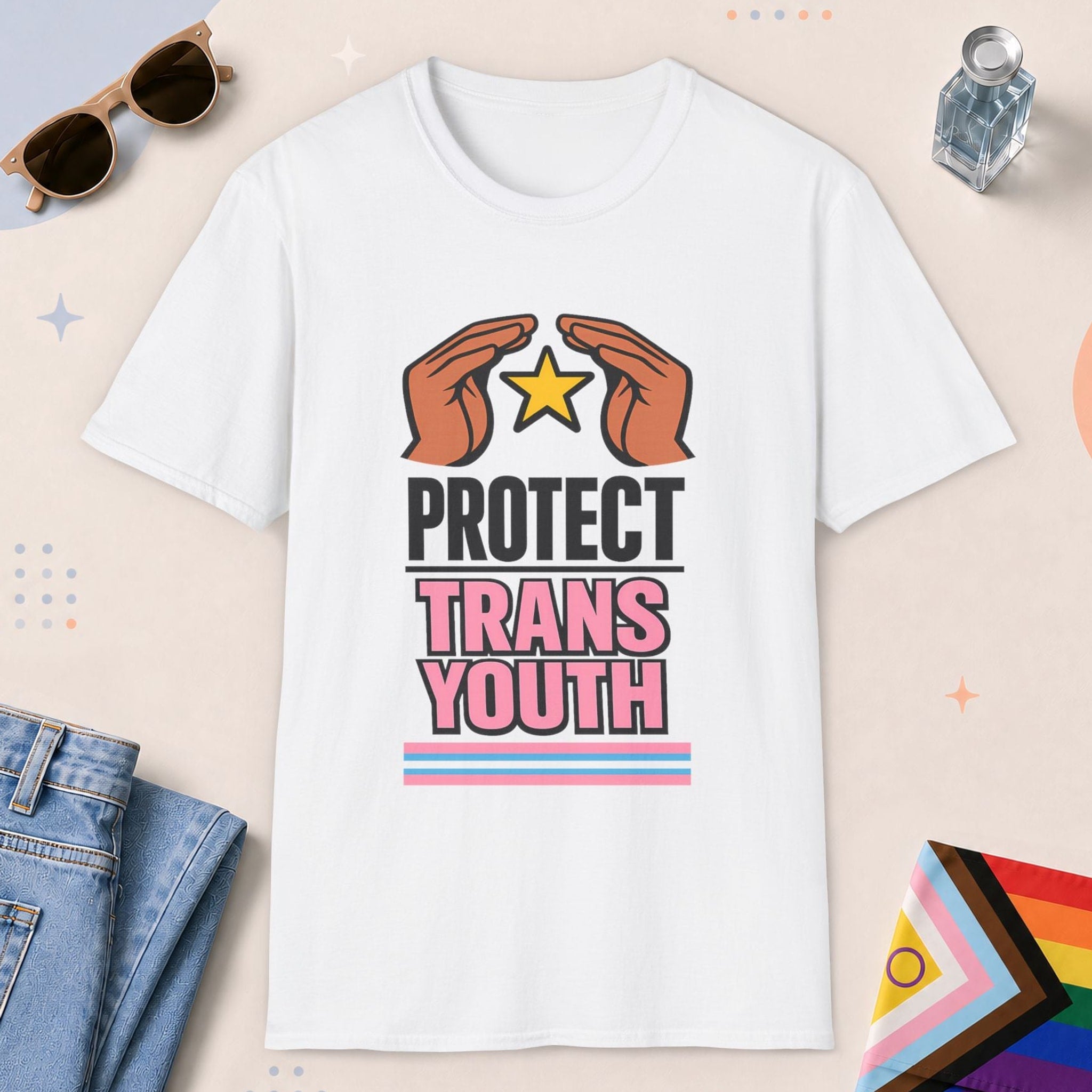 White color all-gender graphic t-shirt with "Protect Trans Youth" design