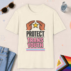 Natural color all-gender graphic t-shirt with "Protect Trans Youth" design