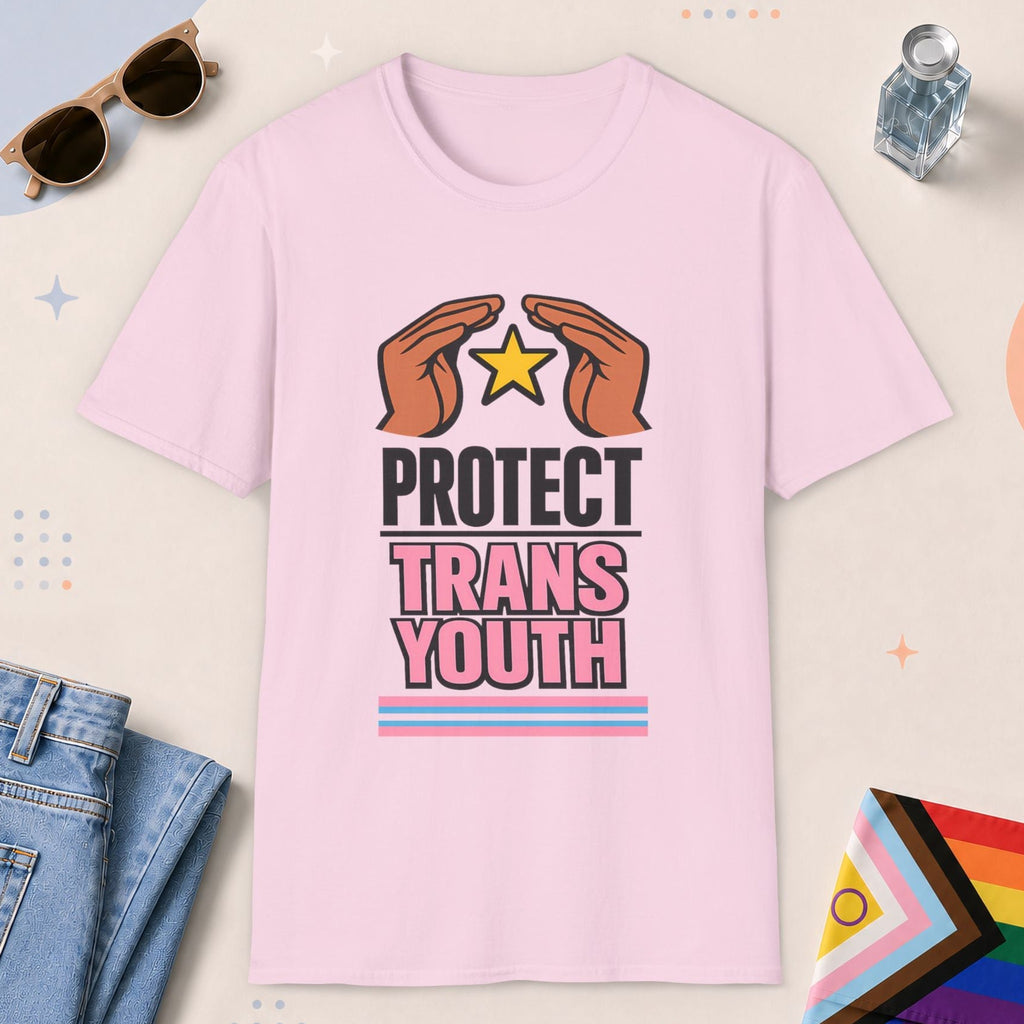 Light Pink color all-gender graphic t-shirt with "Protect Trans Youth" design