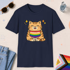 Navy color all-gender graphic t-shirt with "Purrride Cat" design