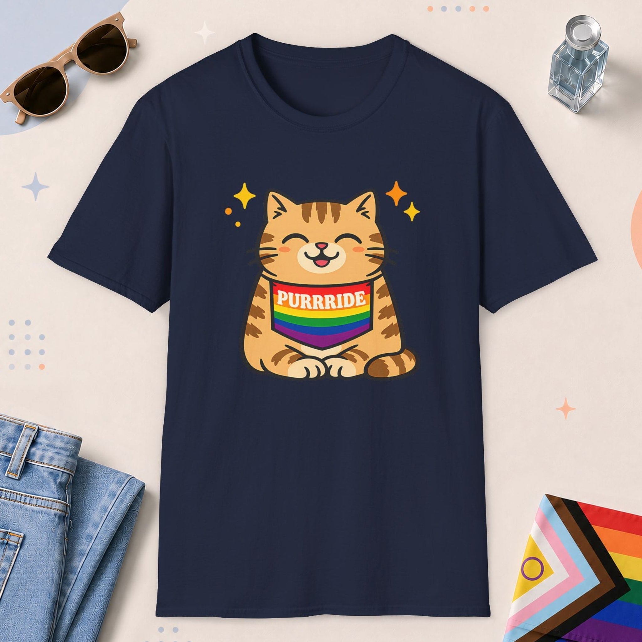 Navy color all-gender graphic t-shirt with "Purrride Cat" design
