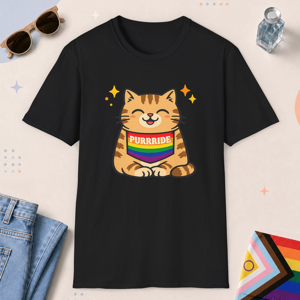 Black color all-gender graphic t-shirt with "Purrride Cat" design
