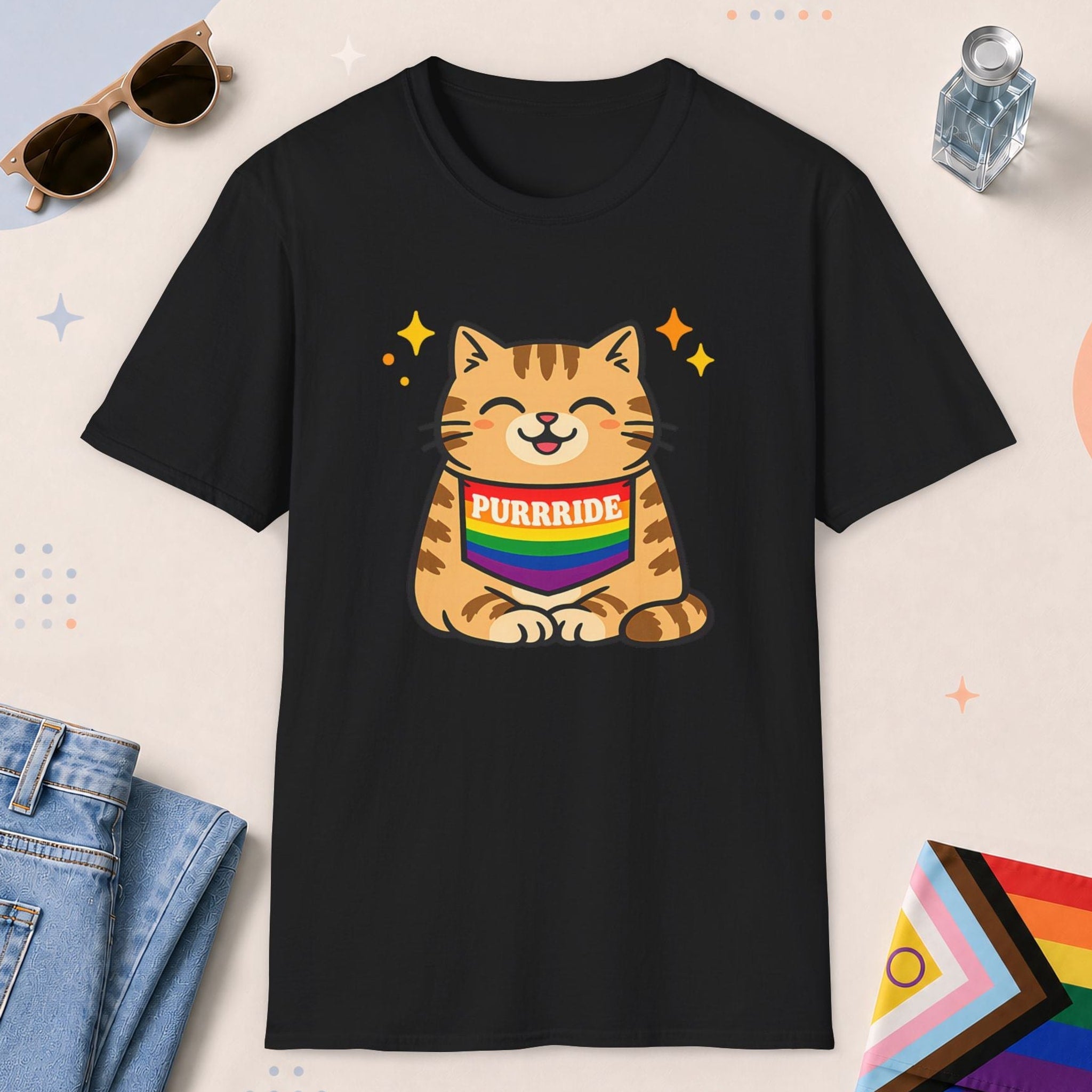 Black color all-gender graphic t-shirt with "Purrride Cat" design