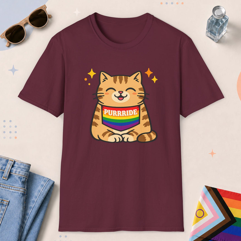 Maroon color all-gender graphic t-shirt with "Purrride Cat" design