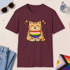 Maroon color all-gender graphic t-shirt with "Purrride Cat" design