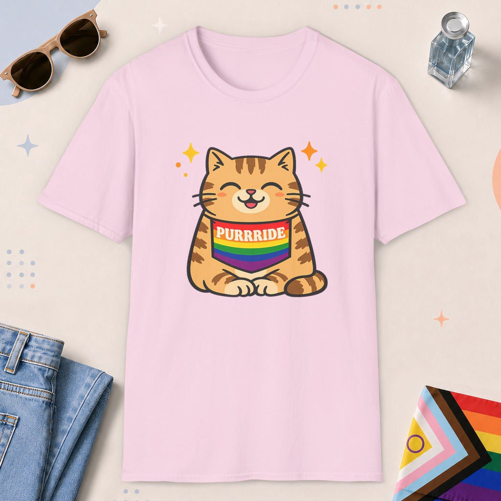 Light Pink color all-gender graphic t-shirt with "Purrride Cat" design