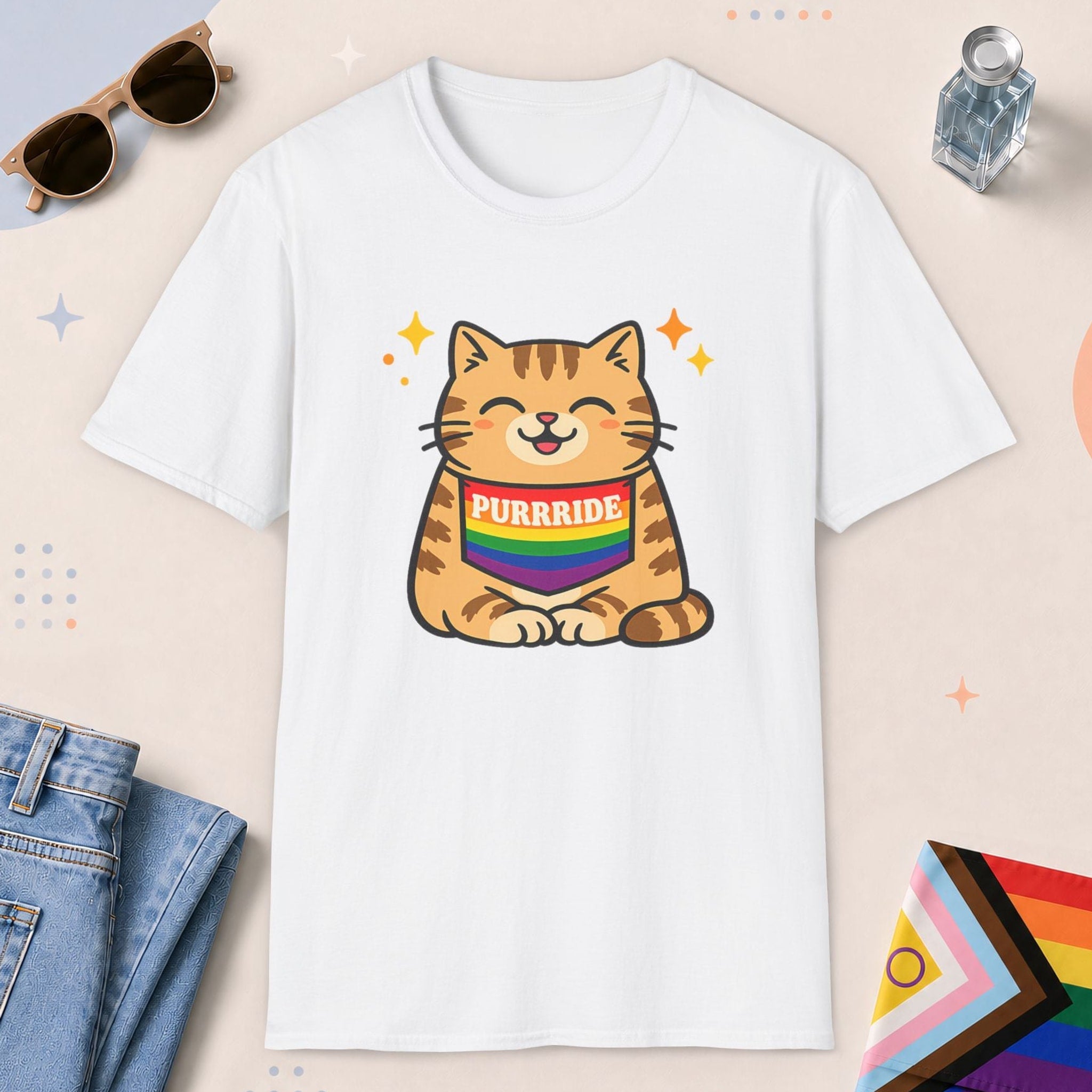 White color all-gender graphic t-shirt with "Purrride Cat" design