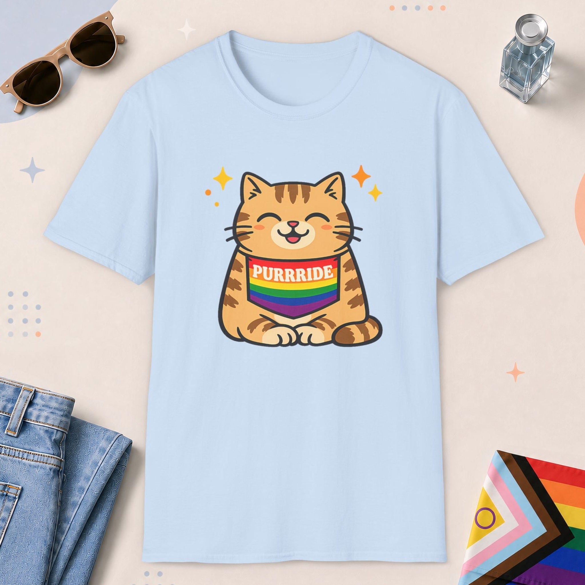 Light Blue color all-gender graphic t-shirt with "Purrride Cat" design
