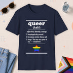 Navy color all-gender graphic t-shirt with "Queer Definition" design